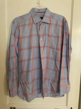 Men's Blue and Pink Checked Dress Shirt - Tailored Spread Collar